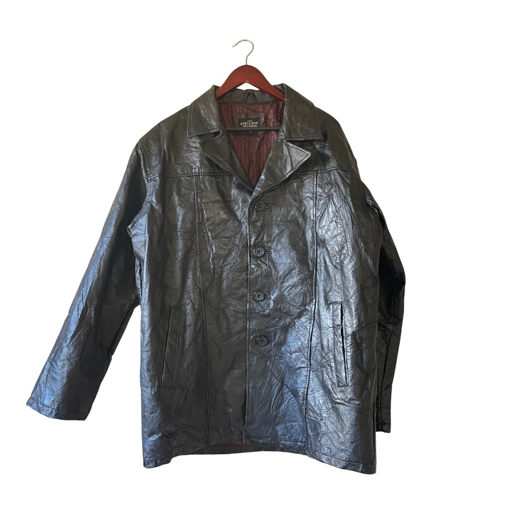 Vintage Mens Black Genuine Leather patchwork Button‎ Front Blazer Jacket L